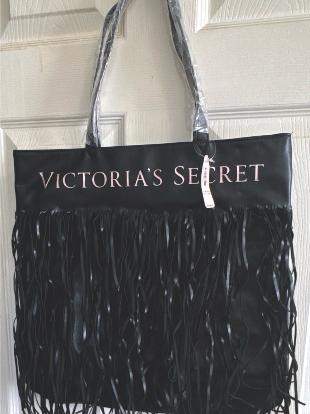 Victoria's Secret Black Tote with Pink Logo and Fringe NWT